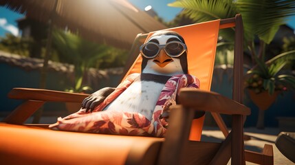 Penguin Relaxing on a Lounge Chair and Wearing a Vibrant Hawaiian Shirt Embracing a Carefree Tropical Vacation Lifestyle