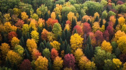 Obraz premium Autumn forest canopy from above, vibrant colors, nature