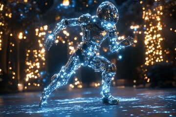 Futuristic robotic figure dashes through a luminous forest at night illuminated by glowing orbs