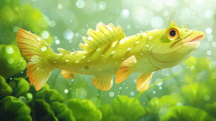 A vibrant, illustrated fish swimming amidst lush underwater vegetation and sparkling bubbles.