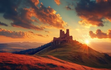 Obraz premium Spectacular sunset over a historic castle on a hill