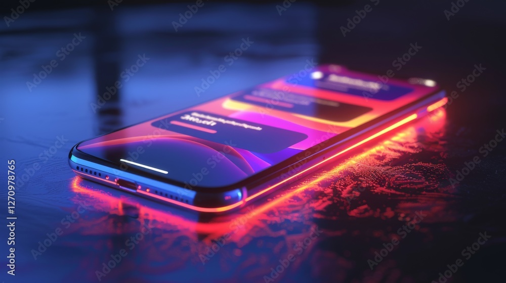 Aufkleber A smartphone is lit up with vivid notifications, showcasing bright colors on the screen while resting on a dark and reflective surface, creating a dynamic and modern atmosphere.