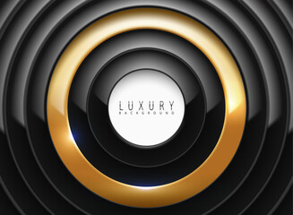 Luxury 3D abstract background with black concentric circles and golden accents. Elegant, modern design with a glossy effect, perfect for premium branding, VIP invitations, posters, and web templates