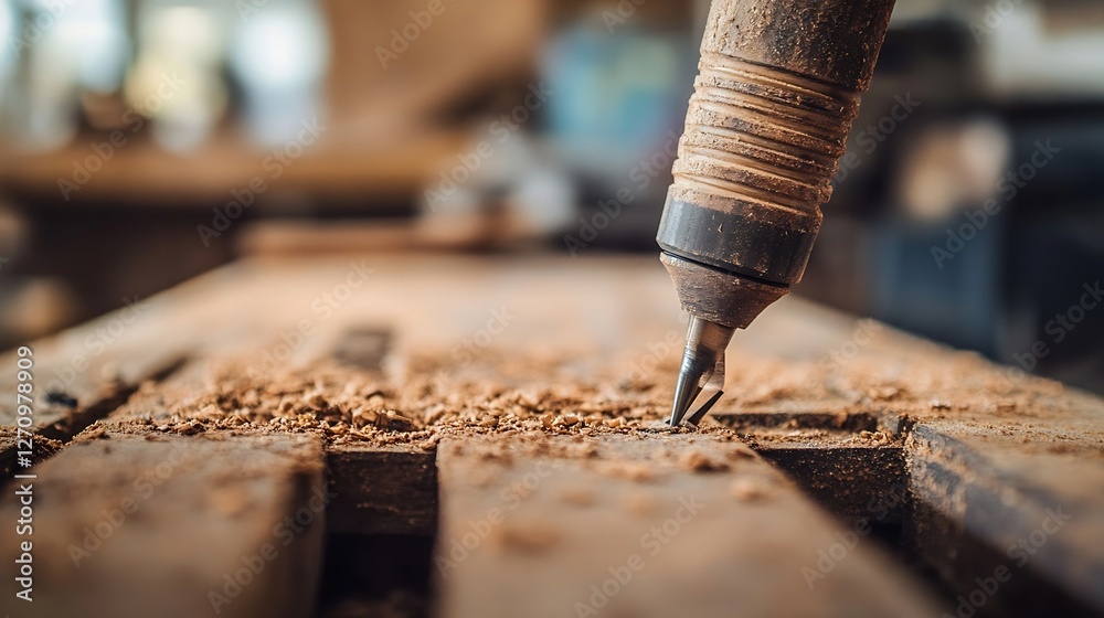 Poster Closeup of a fine woodworking tool in a workshop creating beautiful shavings from a wooden plank : Generative AI