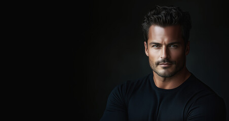 Obraz premium Attractive 40-year-old man portrait on a dark background. Masculine elegance, self-care, fitness, grooming. Confidence, strength, modern masculinity. Luxury men's perfume, personal care, men's beauty