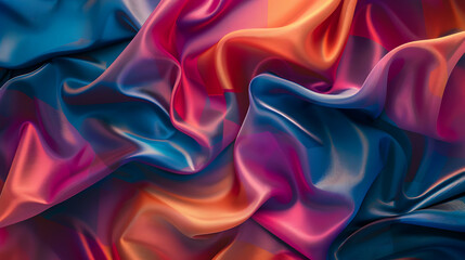 Obraz premium Colorful silk fabric draped elegantly, showcasing vibrant hues of blue, orange, and pink, creating a luxurious texture
