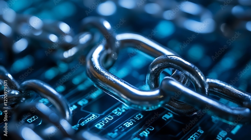Poster Intricate Close Up of Heavy Chain Links on Digital Circuit Background Representing Technology and Connectivity : Generative AI