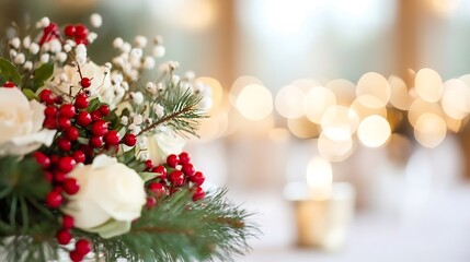 Obraz premium Festive floral arrangement with red berries and white roses creating holiday spirit and warmth : Generative AI