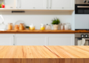 Wooden top table with blurry kitchen set background