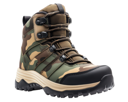 Camouflage hiking boot designed for outdoor activities, featuring sturdy construction and military style aesthetics. Ideal for rugged terrains and adventurous excursions