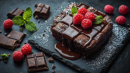 decadent chocolate brownie topped with raspberries and mint on slate plate