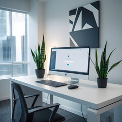 This image captures a pristine, minimalist office desk setup designed for productivity and focus. The stark white desk is complemented by a sleek silver laptop,