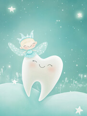 Fototapeta premium A whimsical illustration of a smiling fairy with wings, riding on a large, happy tooth. The background is a soft teal with twinkling stars and gentle hills, creating a magical atmosphere.