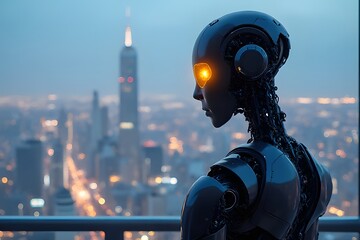 Futuristic Robot Overlooking Cityscape at Dusk with Glowing Eyes