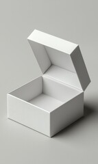 White opened and closed square folding gift box mockup in a side view against a subtle grey background, ideal for versatile designs.