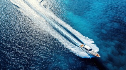 A yacht's speedboat tender racing away, leaving behind a bold wake pattern on a sparkling blue sea.