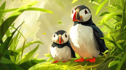 Naklejka premium Two colorful puffins stand amidst lush greenery, illuminated by soft sunlight.