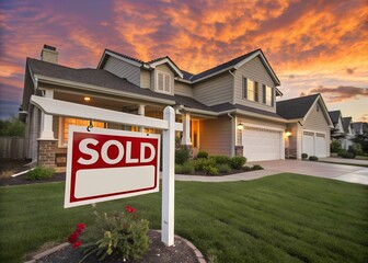 Suburban home with vibrant sunset and bold SOLD sign showcases successful property sale