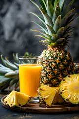 Refreshing pineapple juice served in a glass, surrounded by fresh pineapples and slices, with a dark background