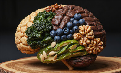 A highly stylized, realistically rendered human brain, with clearly defined and anatomically accurate lobes, meticulously composed of superfoods known for
