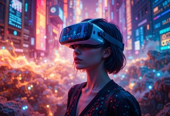 A person wearing sleek, futuristic virtual reality glasses, soaring through a vibrant world of floating pixels and digital landscapes.