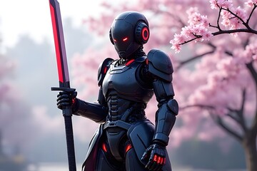 Naklejka premium Futuristic Robot Warrior with Sword in Cherry Blossom Landscape