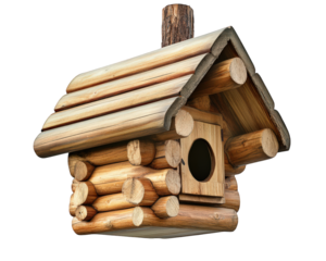 Rustic log cabin birdhouse with wooden structure and round entrance. Perfect for woodland themes and nature lovers