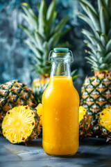 Freshly squeezed pineapple juice in a glass bottle surrounded by whole and sliced pineapples