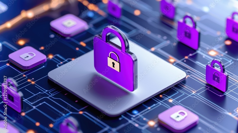 Poster a digital representation of a lock symbol on a circuit board, emphasizing security and data protecti