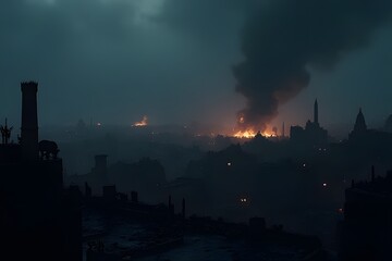 Obraz premium Dark Cityscape with Smoke and Flames During Nighttime Destruction