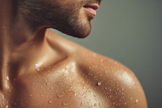 Man&rsquo;s shoulder and clavicle in shower