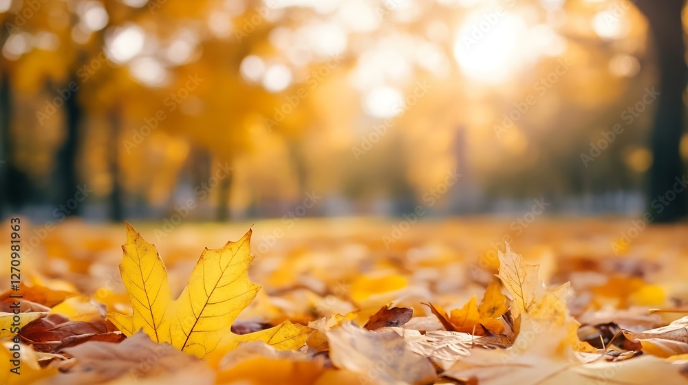 Aufkleber golden autumn leaves scattered on ground glowing in soft sunlight captivating the essence of fall : 