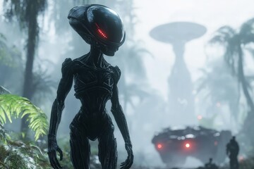 Naklejka premium Mysterious alien creature stands in a dense jungle under a foggy atmosphere at twilight, revealing an otherworldly presence