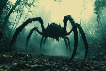 Mysterious giant spider creature seen in dense forest during misty morning