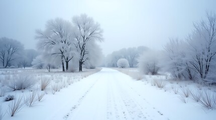 Fototapeta premium Winter Wonderland: A Frosty Path Through a Snow-Covered Landscape