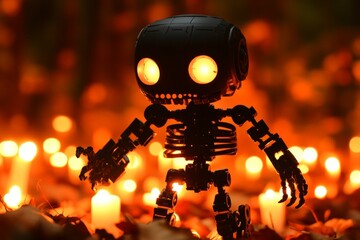 Spooky robot figure surrounded by glowing candles at night in a forest setting