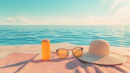 Sun protection items on a beach towel, including sunscreen, sunglasses, and a sun hat, set against the backdrop of an inviting ocean