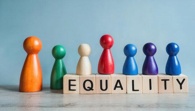 Diverse game pieces representing equality, standing together on a blue background. - Powered by Adobe