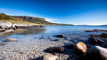 Serene landscape view of a calm lake with clear waters and scenic mountains in the background : Generative AI