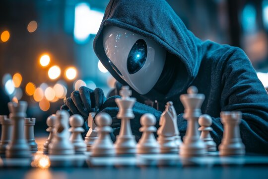 Chess game with an alien player in a city setting at night under bright streetlights