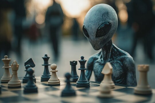 Alien figure playing chess outdoors in a park during sunset with an audience observing the game