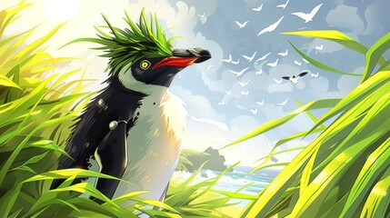 Naklejka premium A whimsical penguin with grass-like feathers stands in a vibrant, natural landscape.