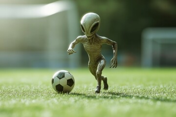 Extraterrestrial life form engages in soccer on lush green field in afternoon light