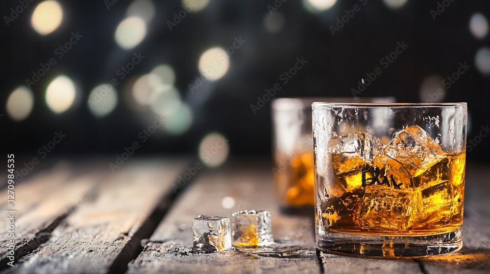 Poster Closeup of Whiskey Glass with Ice Cubes and Bokeh Background : Generative AI