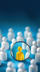 Obraz premium A magnifying glass over white figures with one yellow figure in the center, representing AI customer profiling, customer segmentation, and predictive analytics in targeted marketing
