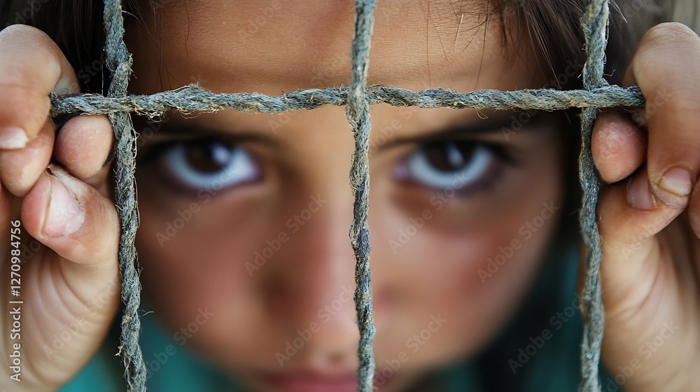 Poster young girl gripping onto a rusty fence looking directly at the camera with innocence and intensity :