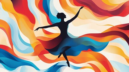 Colorful abstract illustration capturing fluidity and grace of dance. Silhouette of dancer surrounded by flowing, dynamic waves of vibrant colors, conveying motion, energy, International Dance Day
