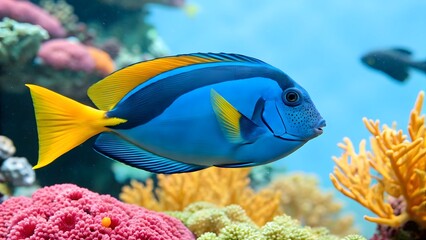 Naklejka premium A breathtaking close-up of a Blue Tang, famously known as 'Dory,' swimming near vibrant coral formations.