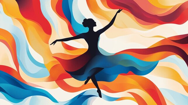Colorful abstract illustration capturing fluidity and grace of dance. Silhouette of dancer surrounded by flowing, dynamic waves of vibrant colors, conveying motion, energy, International Dance Day