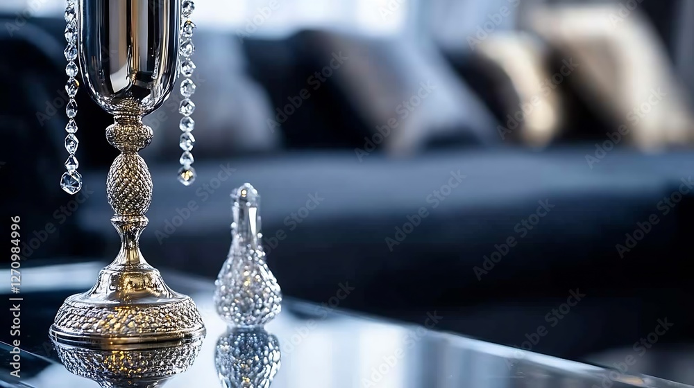 Poster elegant silver candlestick with crystals and small glass bottle on reflective table : generative ai